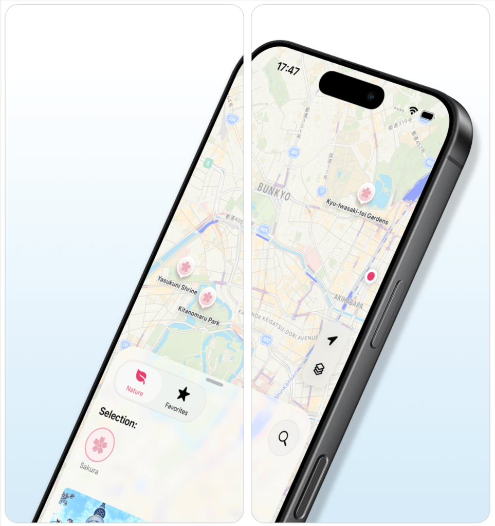 NipponMi mobile application user interface for the discovering places